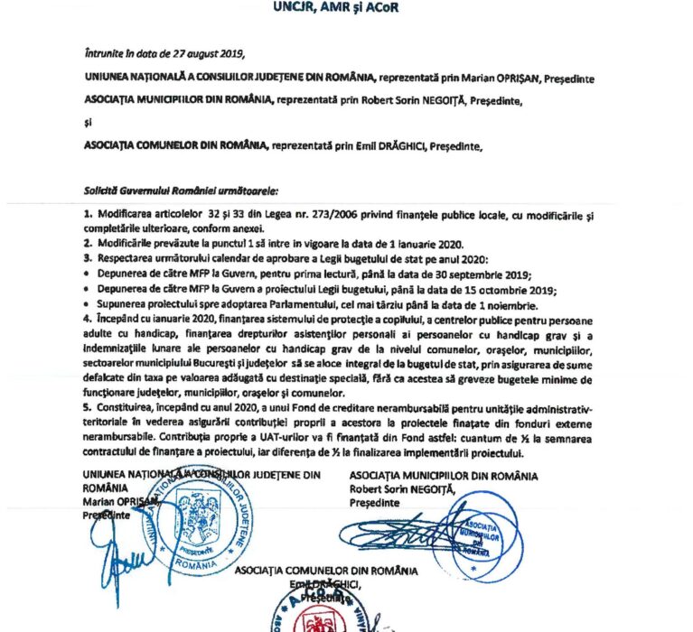 Consiliile județene, toate cele 109 municipii și comunele din România cer Guvernului aprobarea bugetului pentru anul 2020